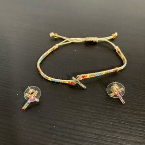 Braided cross bracelet and earrings. Boho rainbow. Adjustable. Post earrings